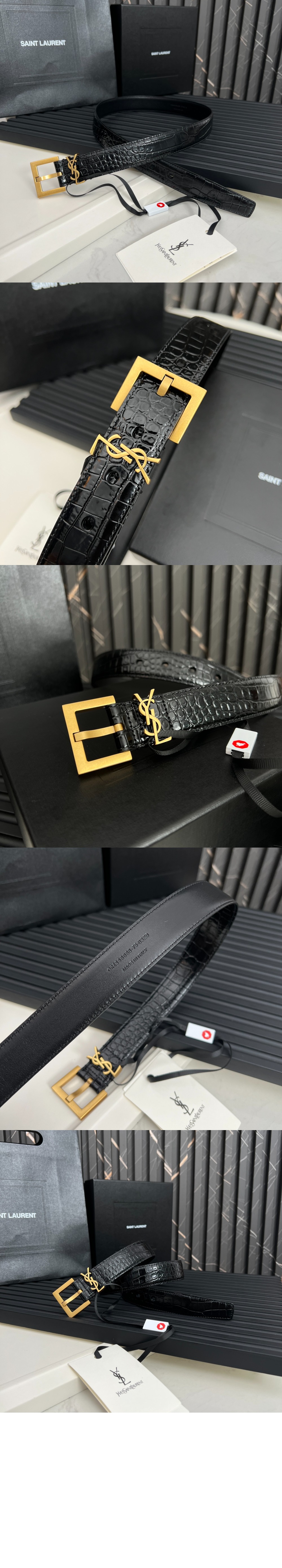 미러급레플리카사이트 | 명품레플리카 전문 쇼핑몰  | 퍼스트원 - 스퀘어 버클을 장식한 유광 크로커다일 엠보스드 가죽 소재의  벨트 634437 > 생로랑