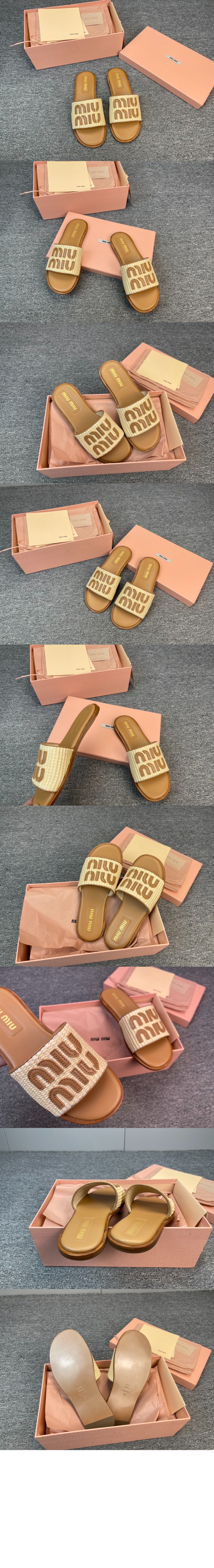 미러급레플리카사이트 | 명품레플리카 전문 쇼핑몰  | 퍼스트원 - 라피아 효과 우븐 패브릭 슬라이드 5XX644 > 미우미우