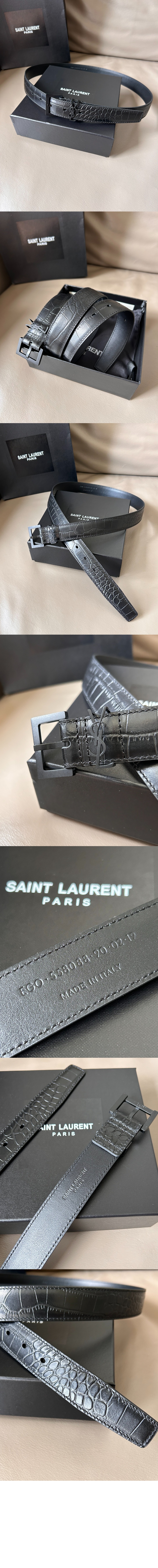미러급레플리카사이트 | 명품레플리카 전문 쇼핑몰  | 퍼스트원 - 스퀘어 버클을 장식한 유광 크로커다일 엠보스드 가죽 소재의  벨트 634437 > 생로랑