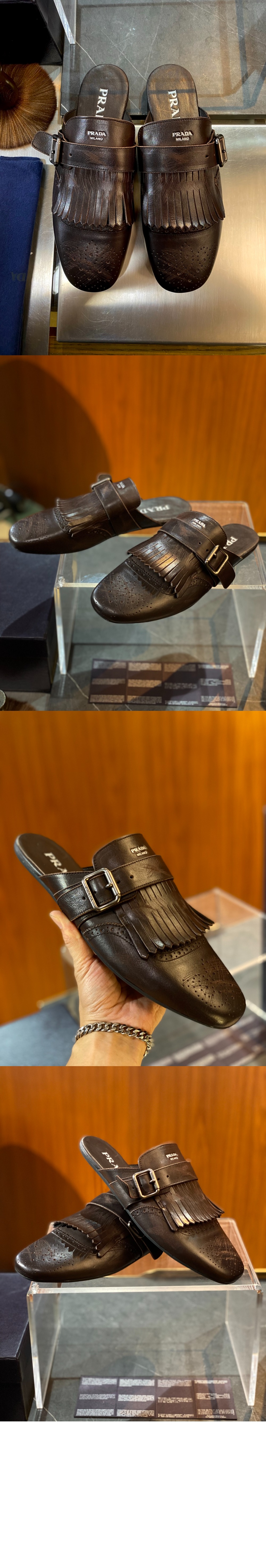 미러급레플리카사이트 | 명품레플리카 전문 쇼핑몰  | 퍼스트원 - 버클 스트랩과 프린지가 있는 앤티크 가죽 뮬 2S2993 > 프라다