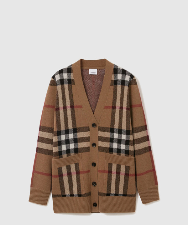 체크 울 캐시미어 가디건