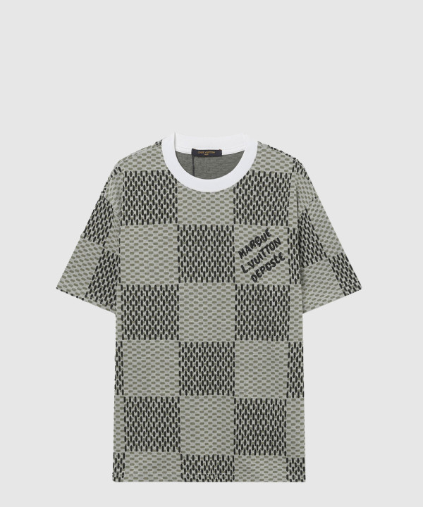 자카드 다미에 쇼트 슬리브드 코튼 크루넥